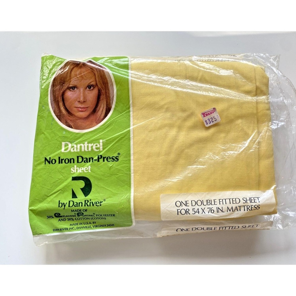 Dantrel No Iron Dan Press Vtg Dan River Yellow Double Fitted Sheet NOS 54 X 76